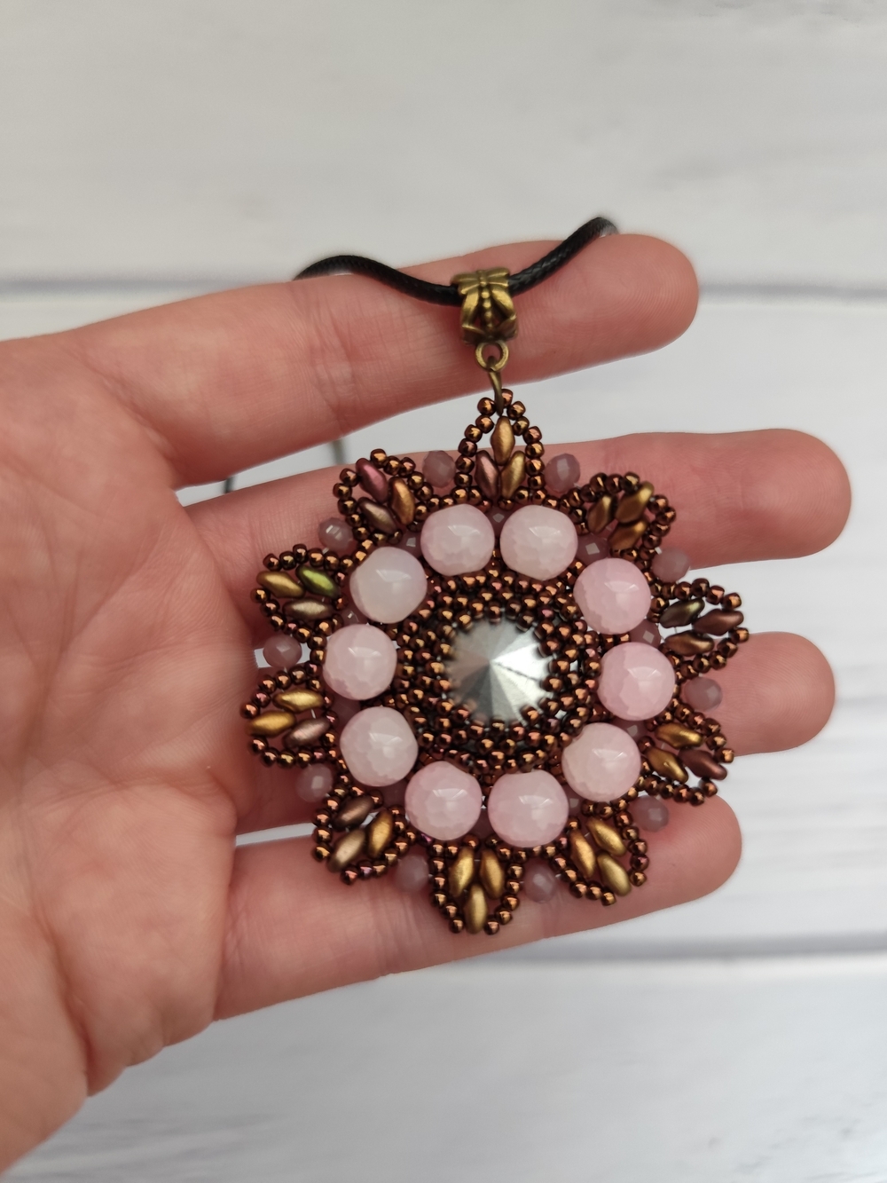 Handcrafted Pink Bead Flower Pendant Necklace - Picture 8 of 10